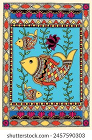 Armonía en las profundidades: Un vibrante tapiz Madhubani - Pescado y flores. Arte Madhubani, pintura de peces y flores India, arte popular indio.