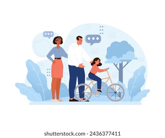 Harmony in Diversity Concept. A blended family enjoying outdoor moments, with the father guiding his daughter on a bicycle, showcasing love and unity. Modern family dynamics. Flat vector illustration.