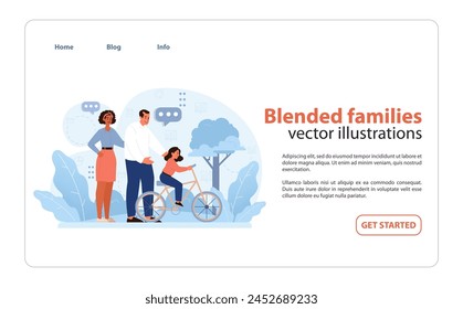 Harmony in Diversity Concept. A blended family enjoying outdoor moments, with the father guiding his daughter on a bicycle, showcasing love and unity. Modern family dynamics. Flat vector illustration.