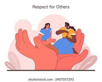 Harmony in diversity concept. Two women engage in a friendly conversation, symbolizing mutual understanding and respect. Celebrating cultural and personal diversity with care. Flat vector illustration