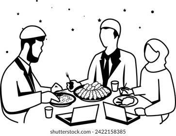 Harmony during Ramadan vector design, Ramadan and Eid al-Fitr Symbol, Islamic and fasting Sign, Arabic holidays celebration illustration, Sharing the iftar meal with colleagues at the office concept