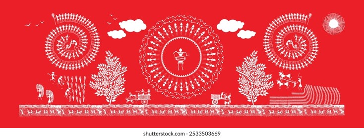 Harmony in the Fields: A Captivating Warli Depiction of Rural Life. Warli village scene, Indian folk art rural, Warli countryside painting, Warli tribal art.