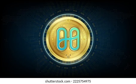 Harmony golden token cryptocurrency. Currency on block chain stock market digital. Crypto currencies on black background vector EPS10.