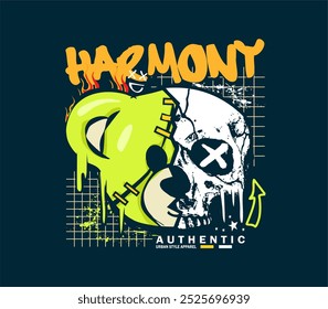 harmony graffiti art style slogan with bear doll head half skull  for Print Design, T shirt, Poster, Streetwear, Hoodies and Casual Wear