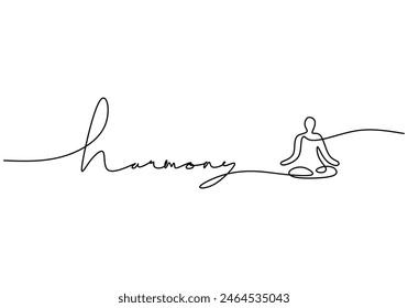 Harmony handwritten inscription with meditation people. One line drawing of phrase hand writing calligraphy card lettering isolated on white background.