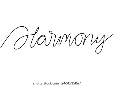 Harmony handwritten inscription. One line drawing of phrase hand writing calligraphy card lettering isolated on white background.