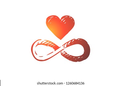 Harmony, heart, balance, heart, unity concept. Hand drawn heart and symbol of infinity concept sketch. Isolated vector illustration.