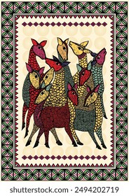 Harmony of the Herd: A Vibrant Gond Artwork - A Gathering of Deer. Gond art, saree painting Gond, Indian folk art Eagle and Fish, Madhubani culture, Wall decor, Handmade. 