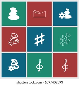 Harmony icon. collection of 9 harmony filled and outline icons such as spa stones, treble clef, musical sharp. editable harmony icons for web and mobile.