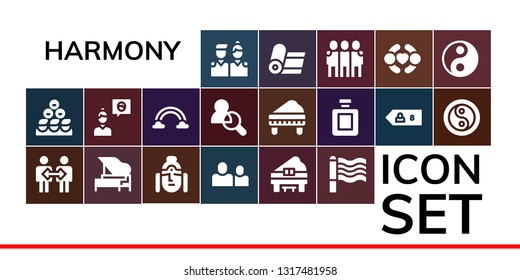 harmony icon set. 19 filled harmony icons.  Collection Of - Friends, Cooperation, Piano, Buddha, Rainbow, Friend, Fragance, Yin yang, Yoga