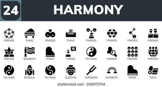 harmony icon set. 24 filled harmony icons.  Simple modern icons about  - Friends, Piano, Rainbow, Friend, Yin yang, Buddha, Diapason, Yoga