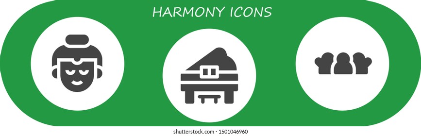 harmony icon set. 3 filled harmony icons.  Collection Of - Buddha, Piano, Friends