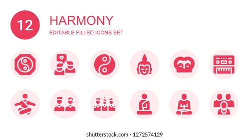 harmony icon set. Collection of 12 filled harmony icons included Yin yang, Friends, Buddha, Meditation, Piano