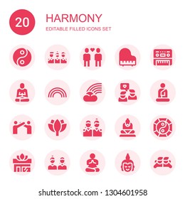 harmony icon set. Collection of 20 filled harmony icons included Yin yang, Friends, Piano, Meditation, Rainbow, Buddha, Relationship, Lotus, Yoga