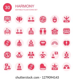 harmony icon set. Collection of 30 filled harmony icons included Piano, Lotus, Friends, Yin yang, Buddhism, Friend, Yoga, Buddha, Rainbow, Meditation, Relationship, Meditate