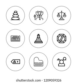 Harmony icon set. collection of 9 outline harmony icons with balance, buddha, friend, lotus, piano, yin yang icons. editable icons.