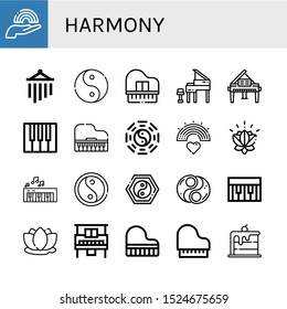 harmony icon set. Collection of Rainbow, Wind chimes, Ying yang, Piano, Grand piano, Taoism, Lotus, Yin yang icons