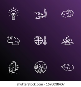 Harmony icons line style set with chestnut, clean air, global warming and other marron elements. Isolated vector illustration harmony icons.