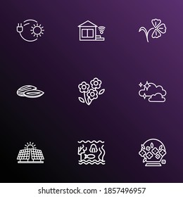 Harmony icons line style set with innovation, sequoia, acacia flower and other bulb elements. Isolated vector illustration harmony icons.