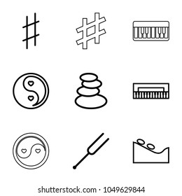 Harmony icons. set of 9 editable outline harmony icons such as spa stones, spa stone, piano, yin yang, tonometer