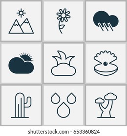 Harmony Icons Set. Collection Of Cactus, Seashell, Bush And Other Elements. Also Includes Symbols Such As Landscape, Shrub, Sunflower.