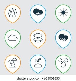 Harmony Icons Set. Collection Of Cloud, Cold Climate, Raindrop And Other Elements. Also Includes Symbols Such As Tree, Oak, Overcast.