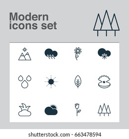 Harmony Icons Set. Collection Of Cold Climate, Sunny Weather, Bush And Other Elements. Also Includes Symbols Such As Seashell, Weather, Pearl.