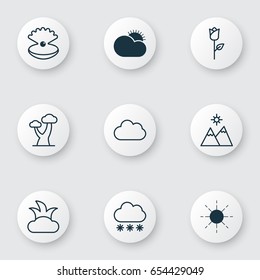 Harmony Icons Set. Collection Of Landscape, Love Flower, Seashell Elements. Also Includes Symbols Such As Relief, Rose, Valentine.