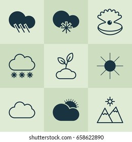 Harmony Icons Set. Collection Of Snowstorm, Cloud, Seashell And Other Elements. Also Includes Symbols Such As Sunny, Mountains, Cold.