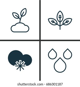 Harmony Icons Set. Collection Of Sprout, Water Drops, Plant And Other Elements. Also Includes Symbols Such As Raindrop, Tree, Branch.