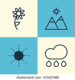 Harmony Icons Set. Collection Of Sunflower, Landscape, Rain Elements. Also Includes Symbols Such As Raindrop, Mountains, Flower.