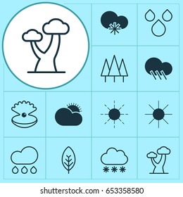 Harmony Icons Set. Collection Of Sunny Weather, Forest, Rain And Other Elements. Also Includes Symbols Such As Drop, Cloud, Foliage.