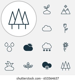 Harmony Icons Set. Collection Of Sunny Weather, Cloud, Landscape Elements. Also Includes Symbols Such As Flower, Sprout, Cloud.