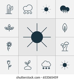 Harmony Icons Set. Collection Of Tree Leaf, Rain, Sun And Other Elements. Also Includes Symbols Such As Oak, Rose, Snow.