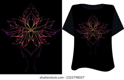 Harmony inspiration mandala lotos abstract  vector design on black background pink  yellow magenta vibrant color for t shirts, poster, card, notebook cover vintage style, yoga, india