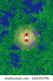 Harmony of lantern lights and starry sky and foliage