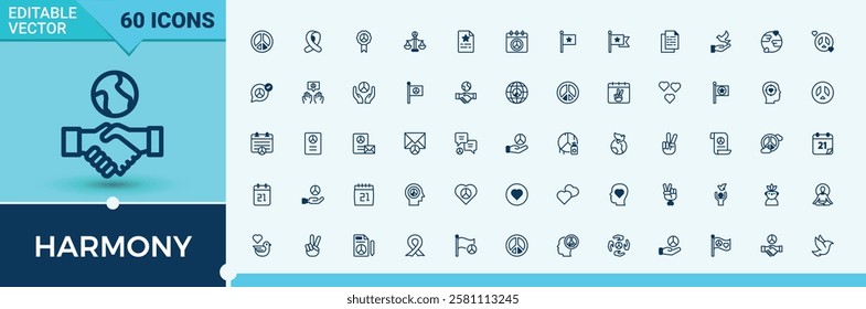 Harmony lined icon set. Contains such icons as human, Peace, control, volunteer, no war, give, happy, free. Editable vector outline and solid icons.