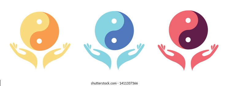 Harmony logo with hand's palms and colorful Yin Yang. Yellow, blue and pink logo concept of peace, healing and wellbeing. Modern vector illustration.
