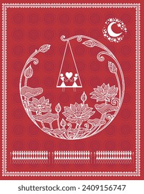 Harmonie von Liebe und Körner: Warli Gemälde, die Paare und Mehl entnehmen. Warli Malerei, Liebe und Coupé-Kunst, Traditionelle indische Kunst, Kulturwanddekoration, Illustration des ländlichen Lebens.