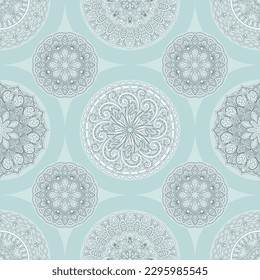 Harmony in mandalas, light blue colours. Seamless floral pattern-251.