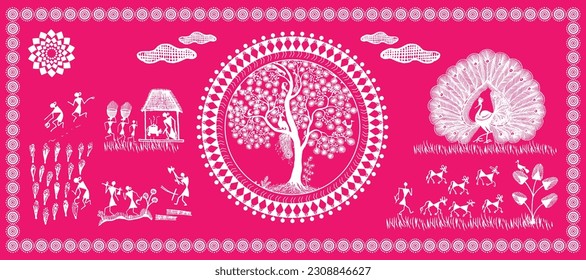 Harmonie der Natur: Feiern Sie indische Landwirtschaft und Wald Leben in Warli Malerei. Ländliche Bliss: Indischer Bauer, der die Natur in einer lebendigen, warli gemalten Malerei einbindet. Tapete-Illustration, Kriegskunst.