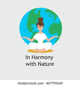 In Harmony with Nature. Earth Day. Save planet. Girl practicing yoga. Save date poster. Vector illustration