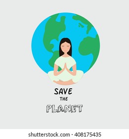 In Harmony with Nature. Earth Day. Save planet. Girl practicing yoga. Save date poster. Vector illustration