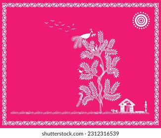 Harmony of Nature and Humanity: Warli Art Celebrating Tree, Bird Nest, and Human Home. Warli Painting. Wallpaper illustration, warli art.