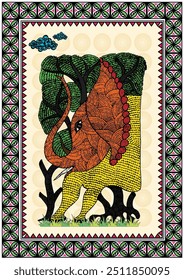 Harmony of Nature: A Serene Gond Artwork of Elephant, Tree, and Nature. Gond elephant tree nature painting, Indian folk art wildlife scene,Tribal nature artwork, Gond jungle, Wildlife Gond art.