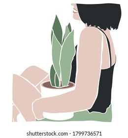 Harmony with nature. Urban jungle. Abstract portrait of a beautiful smiling woman taking a houseplant. Minimal trendy illustration in flat style. Vector illustration