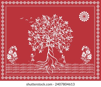 Harmony in Nature: Warli Tree and Rural Enjoyment. Warli Painting. Vector Abstract Art. Rural Life Illustration.