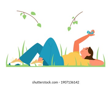 Harmony With Nature And Yourself Concept Flat Vector Illustration. Young Woman Laying On The Grass Holding Butterfly On Her Hand.