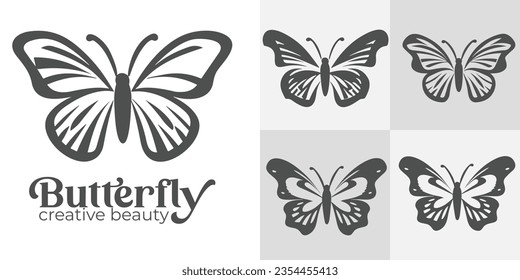 Armonía de la belleza y el spa de lujo de la naturaleza: Colección de conjuntos de silueta de mariposa en diseño de logotipo minimalista y estilo de arte de línea