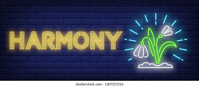 Harmony neon text with shining snowdrops. Spring season design. Night bright neon sign, colorful billboard, light banner. Vector illustration in neon style.